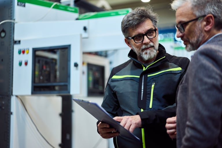 Two individuals in a professional discussion surrounded by advanced industrial equipment.