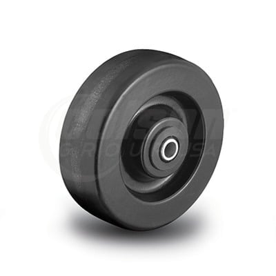 Black industrial wheel with rubber tire and metal center hub on white background