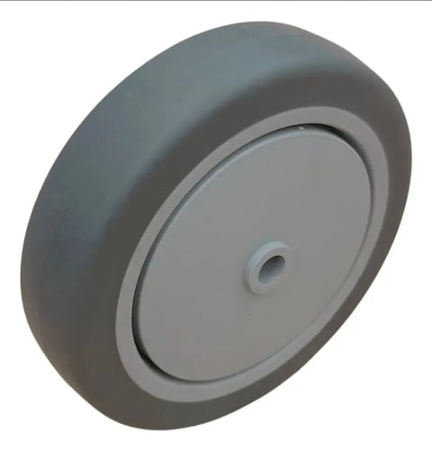 Gray industrial wheel with light gray rim and central hub mounted at an angle
