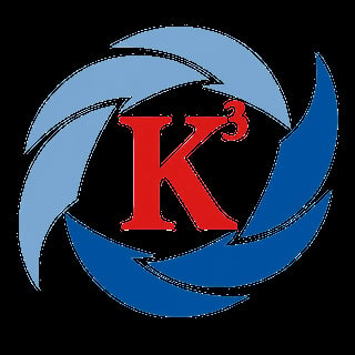 Red letter K with blue and light blue swirling circular design around it on black background
