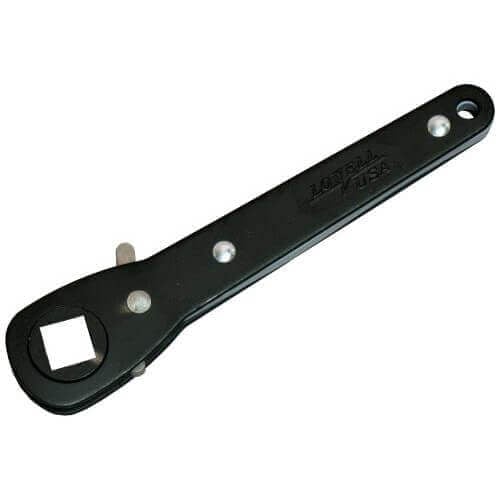 Black adjustable wrench with square head opening and metal rivets along shaft