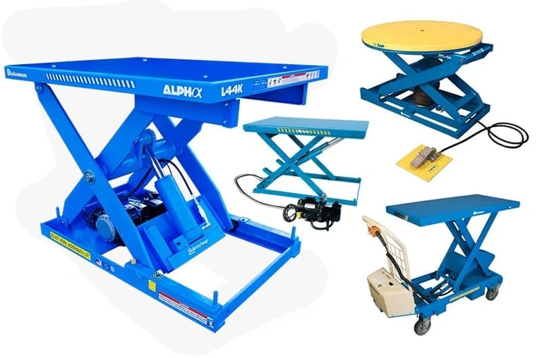 Collection of blue hydraulic lift tables in various sizes for industrial material handling and warehousing applications