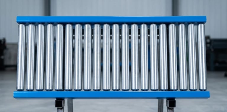 Blue and silver roller conveyor system with multiple cylindrical rollers mounted horizontally on a frame