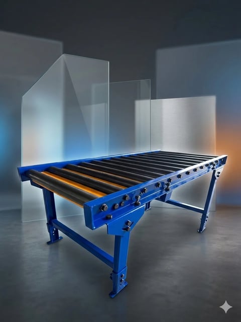 Industrial blue conveyor belt table with black rollers and metal frame, displayed in a studio setting with translucent backdrop panels