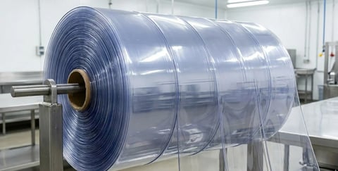 Large roll of clear plastic film wound on a metal spindle in an industrial manufacturing facility